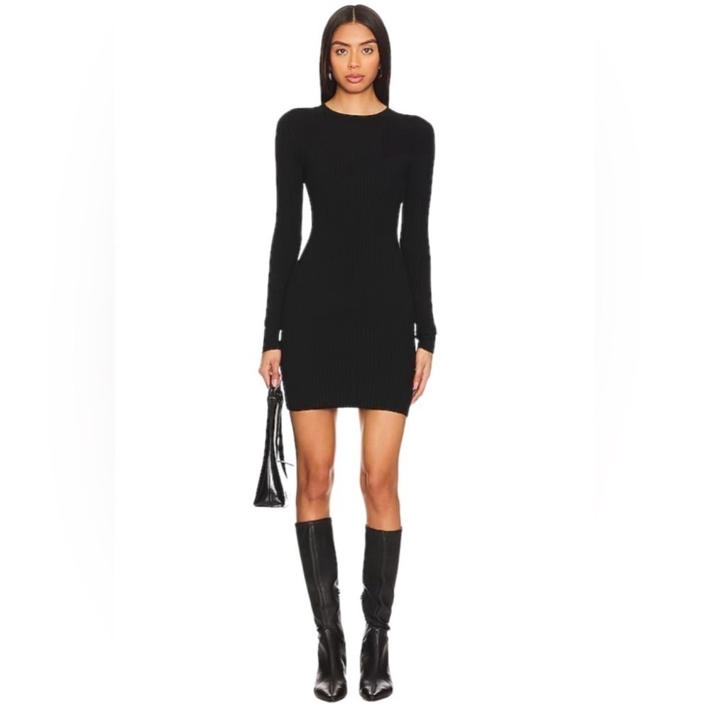 NEW Good American Cozy Rib Long Sleeve Minidress Black Small